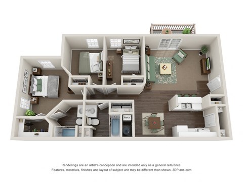 Floor plan for 3 beds, 2 baths, 1170 sqft
